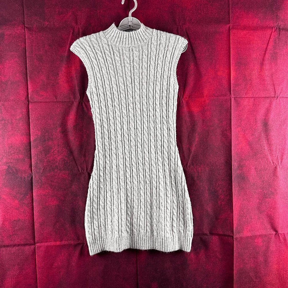 SINCERELY JULES CABLE KNIT TURTLENECK SWEATER DRESS, LIGHT GREY, SIZE XS